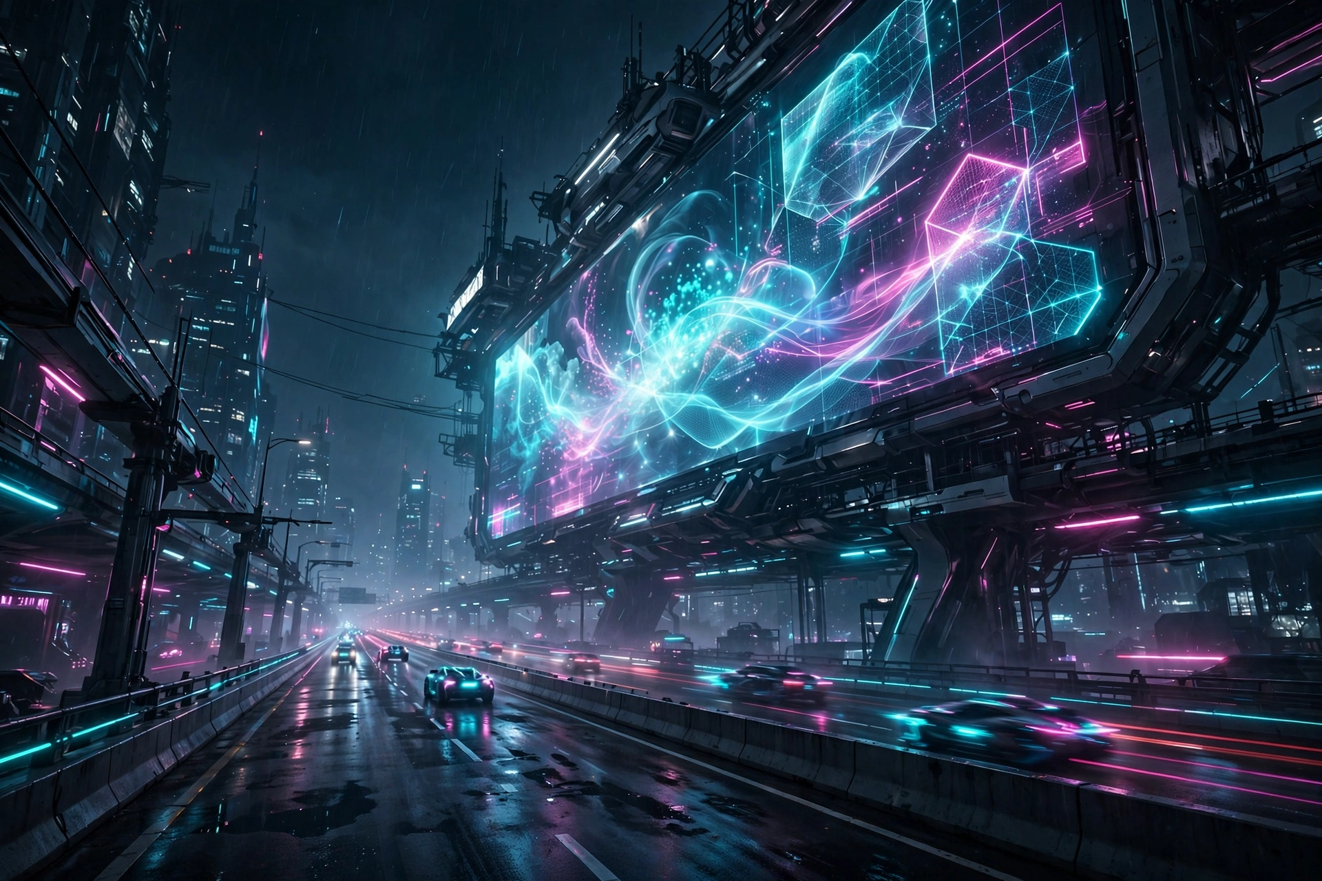 Futuristic glowing billboard on a neon highway at night
