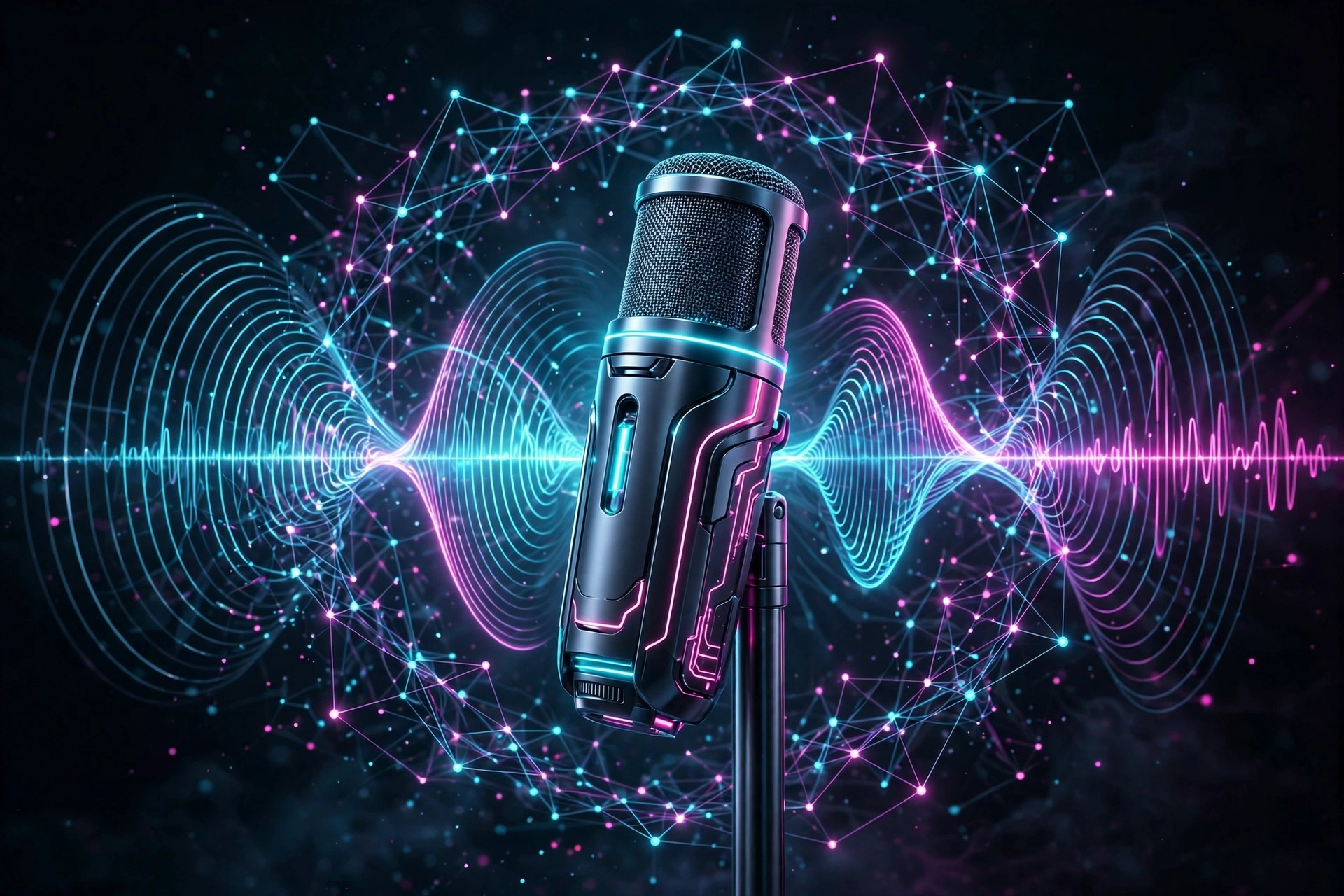 Futuristic glowing microphone with neon sound waves